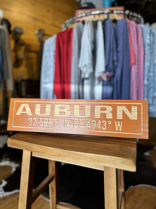 Auburn with Coordinates Wooden Sign