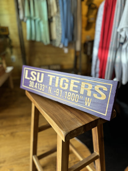 LSU Tigers with Coordinates Wooden Sign