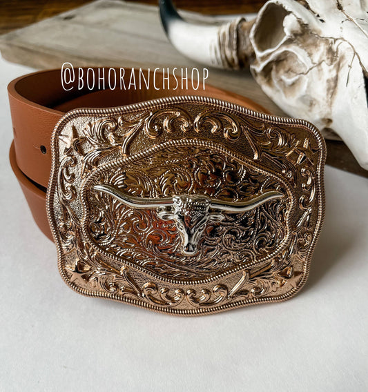 Western Longhorn Belt Buckle  Silver - Rose Gold - Gold